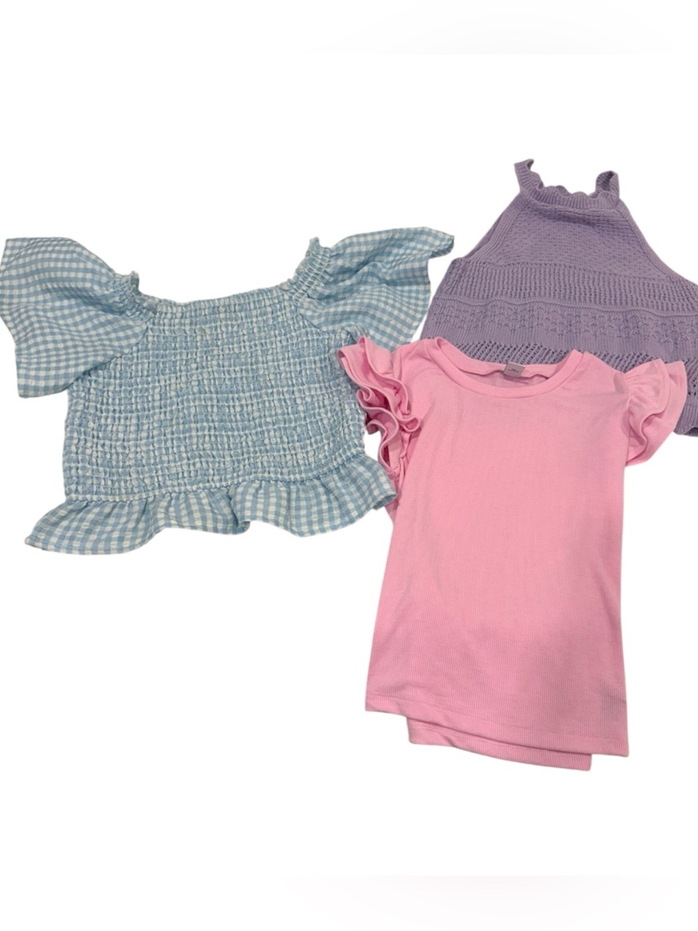 Old Navy girls bundle of 3 Tops Blue Gingham, Pink Ruffle,Purple Knit size 10-12